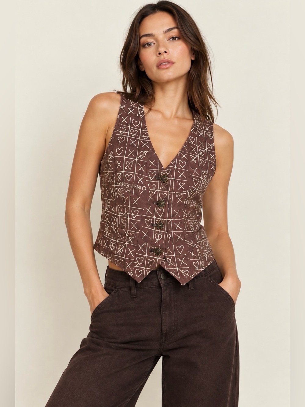 Vintage Moschino Jeans Brown Heart & X Print Tailored Vest